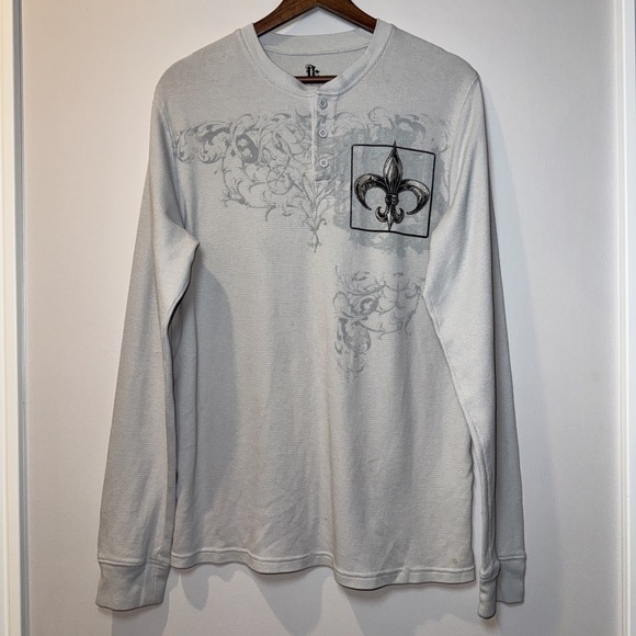 Other - Destruction Shirt L Gray Graphic Print "Fleur De Lis" Script Waffle Knit ***PICS